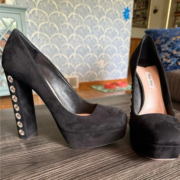 MIU MIU Suede XL Rhinestone Heeled Platforms Sz. 38.5 - Picture 1 of 10
